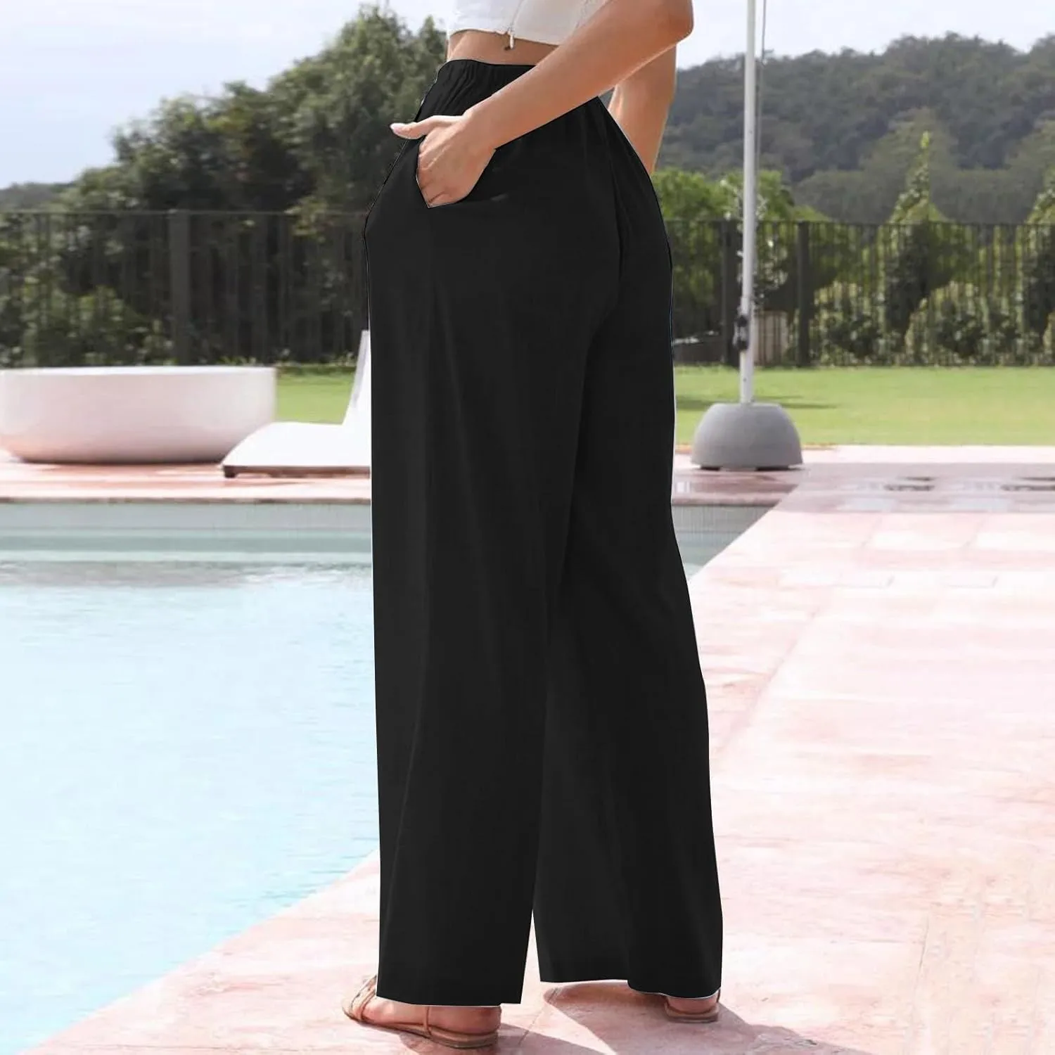 Linen Pants Women Wide Leg Elastic Waist Palazzo Pants Casual High Waisted Trousers with Pockets