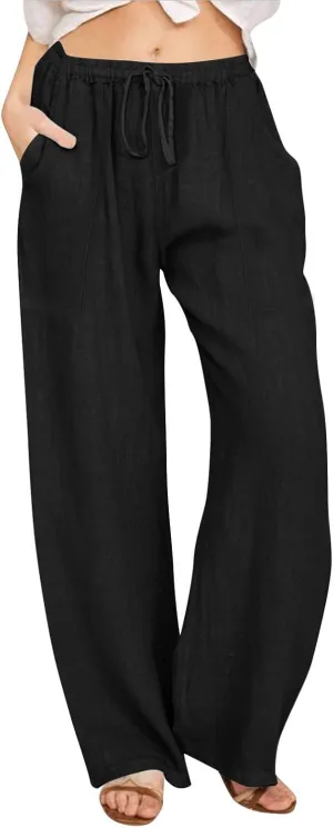 Linen Pants Women Wide Leg Elastic Waist Palazzo Pants Casual High Waisted Trousers with Pockets