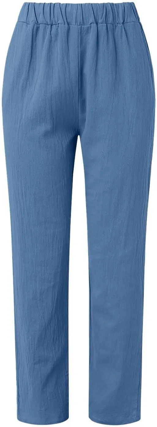 Linen Pants Women Wide Leg Pants Fashion Drawstring Elastic Trousers Comfy Straight Leg Palazzo High Waist Wide Leg
