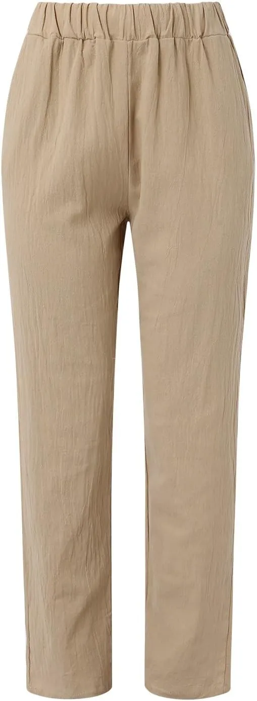 Linen Pants Women Wide Leg Pants Fashion Drawstring Elastic Trousers Comfy Straight Leg Palazzo High Waist Wide Leg