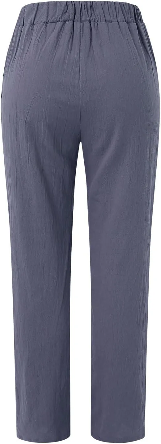 Linen Pants Women Wide Leg Pants Fashion Drawstring Elastic Trousers Comfy Straight Leg Palazzo High Waist Wide Leg
