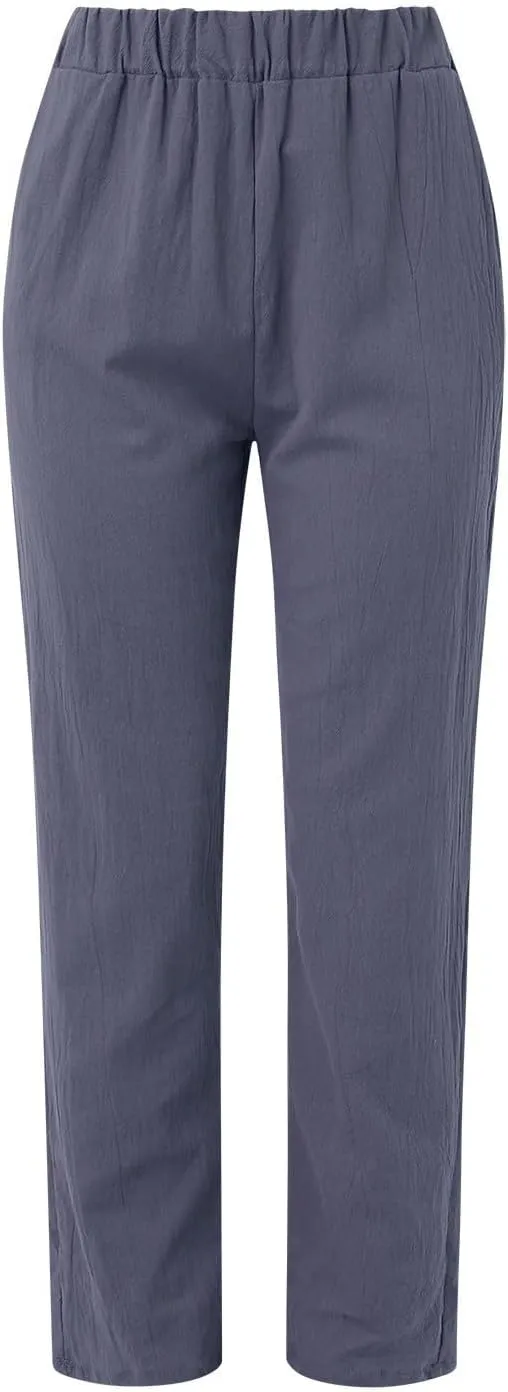 Linen Pants Women Wide Leg Pants Fashion Drawstring Elastic Trousers Comfy Straight Leg Palazzo High Waist Wide Leg