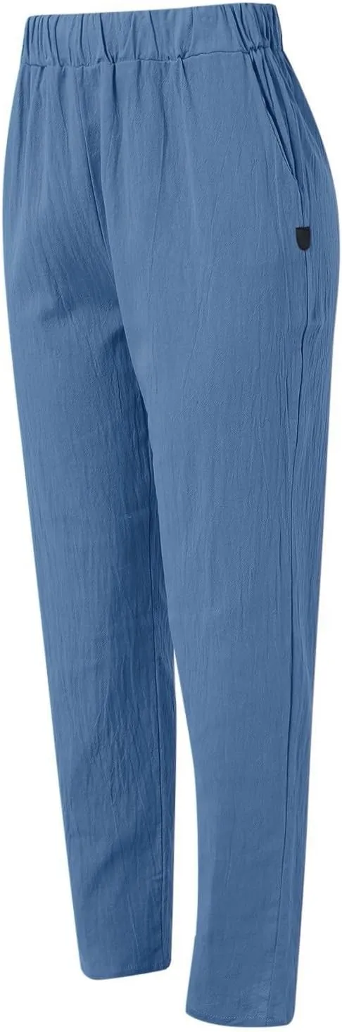 Linen Pants Women Wide Leg Pants Fashion Drawstring Elastic Trousers Comfy Straight Leg Palazzo High Waist Wide Leg