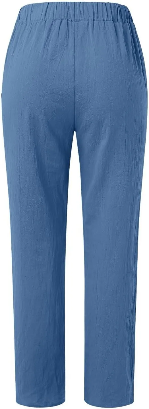 Linen Pants Women Wide Leg Pants Fashion Drawstring Elastic Trousers Comfy Straight Leg Palazzo High Waist Wide Leg