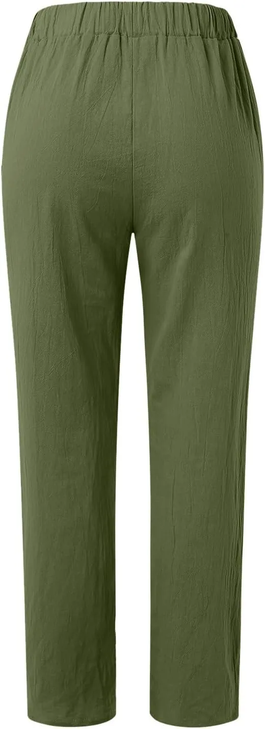 Linen Pants Women Wide Leg Pants Fashion Drawstring Elastic Trousers Comfy Straight Leg Palazzo High Waist Wide Leg