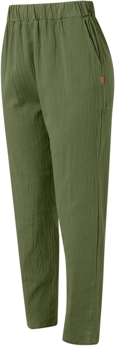 Linen Pants Women Wide Leg Pants Fashion Drawstring Elastic Trousers Comfy Straight Leg Palazzo High Waist Wide Leg