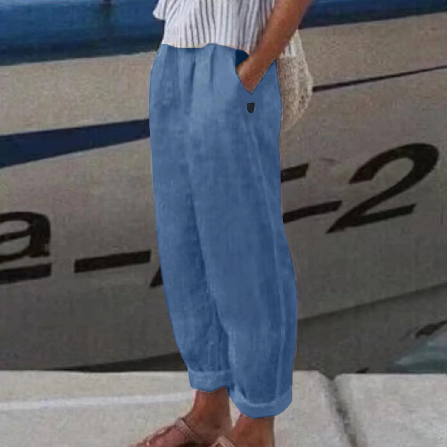 Linen Pants Women Wide Leg Pants Fashion Drawstring Elastic Trousers Comfy Straight Leg Palazzo High Waist Wide Leg