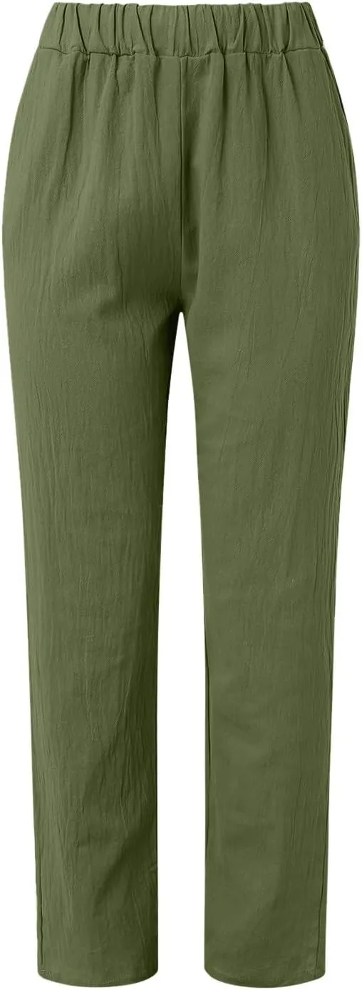 Linen Pants Women Wide Leg Pants Fashion Drawstring Elastic Trousers Comfy Straight Leg Palazzo High Waist Wide Leg