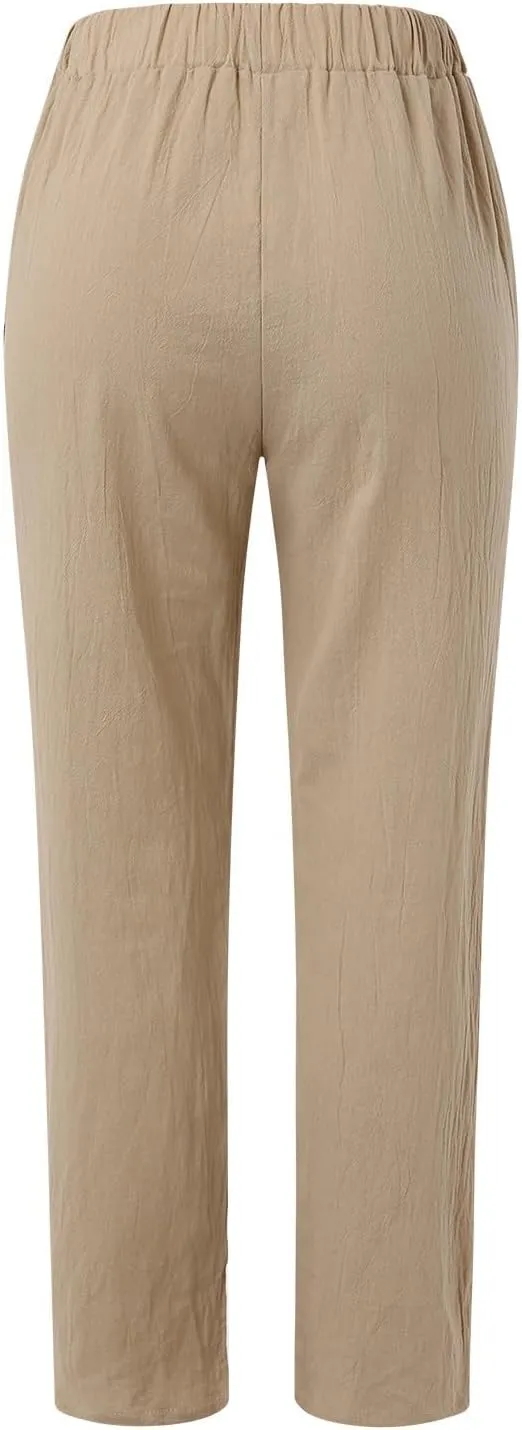 Linen Pants Women Wide Leg Pants Fashion Drawstring Elastic Trousers Comfy Straight Leg Palazzo High Waist Wide Leg