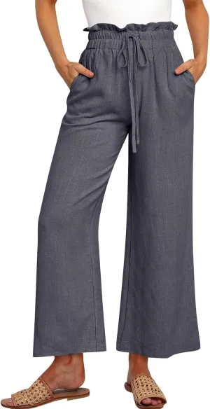 Linen Wide Leg Pants for Women Petite Summer Beach Drawstring Palazzo Flowy Lounging with Pockets Travel Lounge 2024