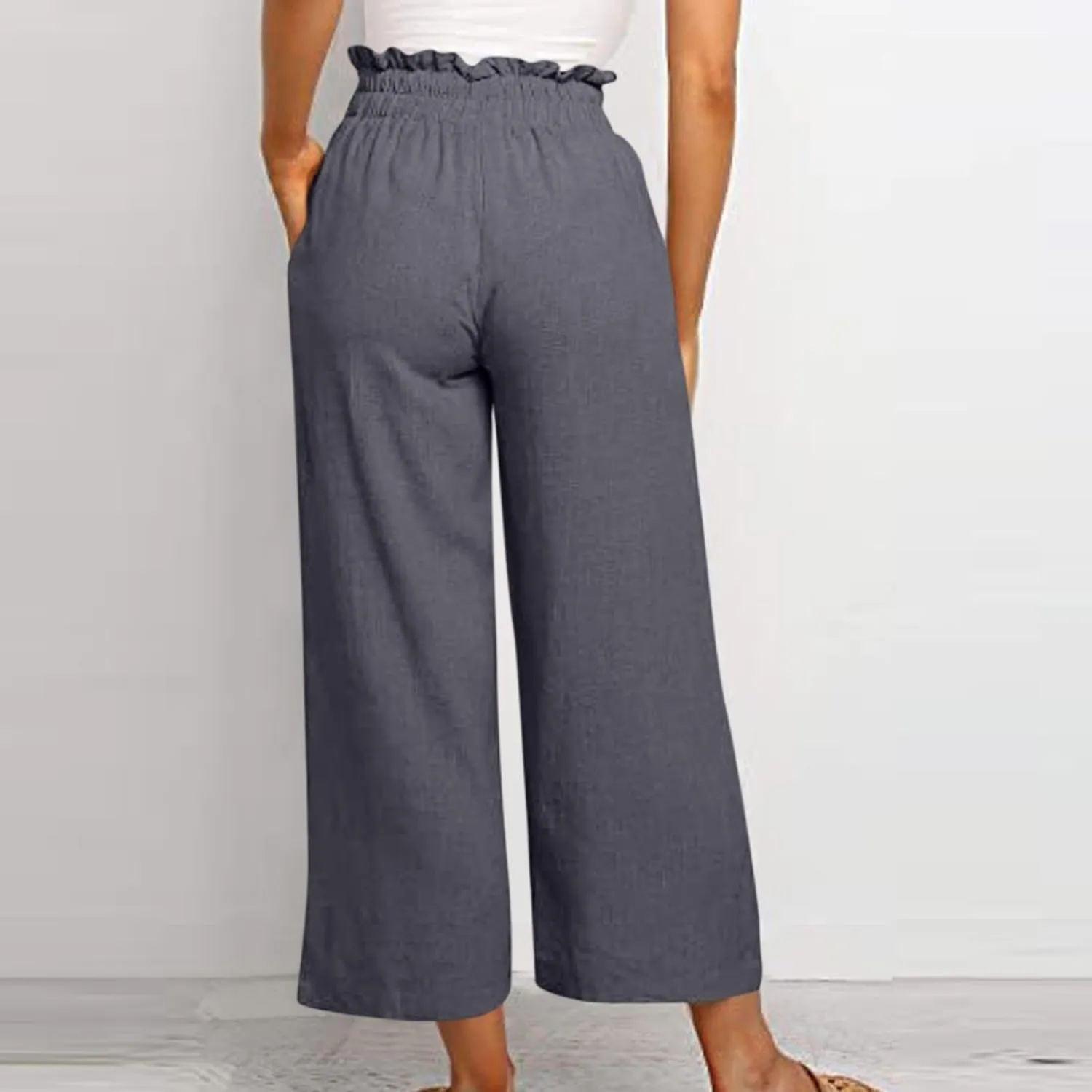 Linen Wide Leg Pants for Women Petite Summer Beach Drawstring Palazzo Flowy Lounging with Pockets Travel Lounge 2024