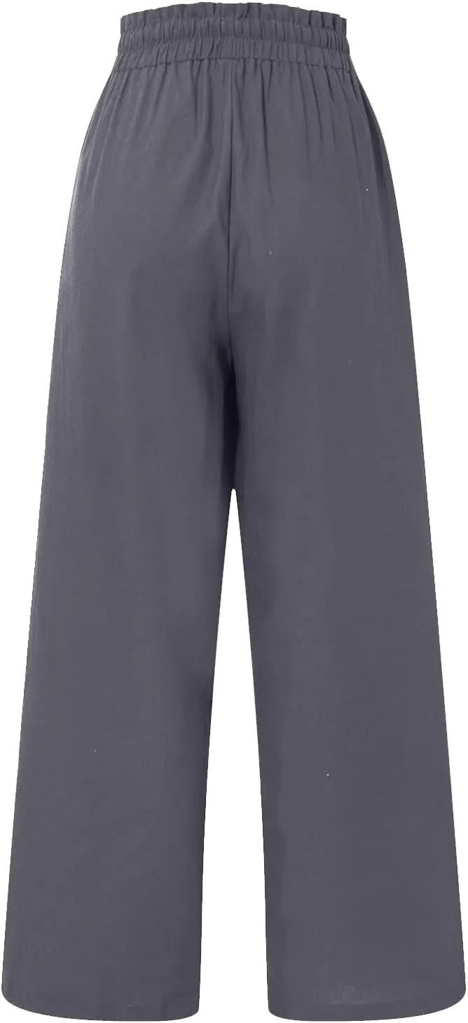 Linen Wide Leg Pants for Women Petite Summer Beach Drawstring Palazzo Flowy Lounging with Pockets Travel Lounge 2024