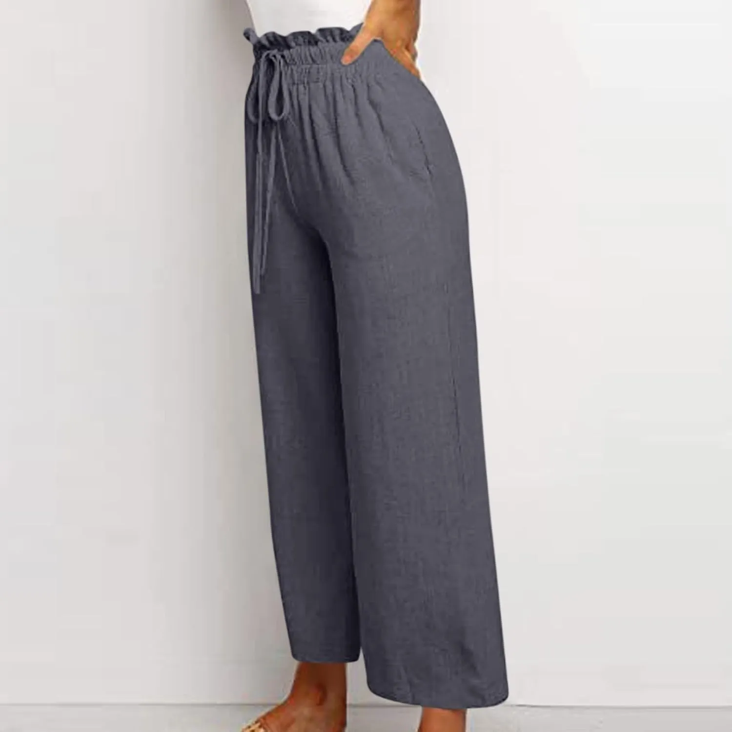 Linen Wide Leg Pants for Women Petite Summer Beach Drawstring Palazzo Flowy Lounging with Pockets Travel Lounge 2024