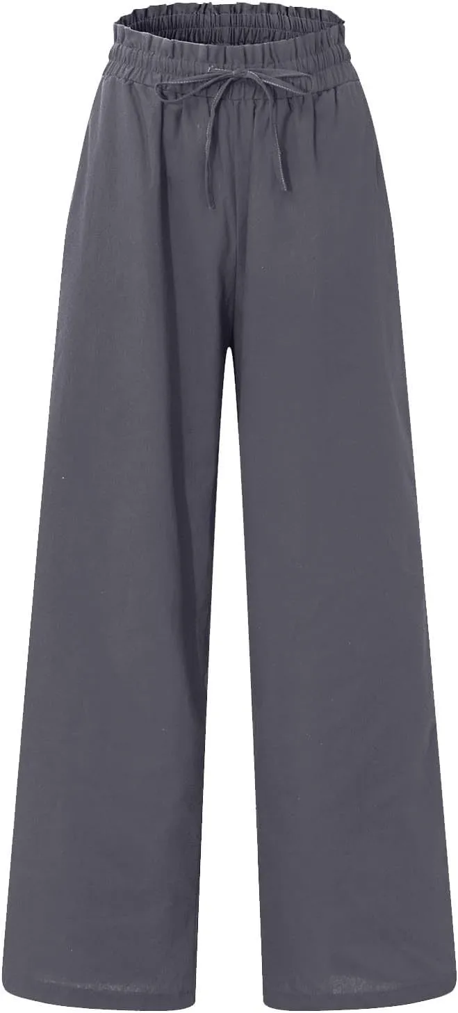 Linen Wide Leg Pants for Women Petite Summer Beach Drawstring Palazzo Flowy Lounging with Pockets Travel Lounge 2024