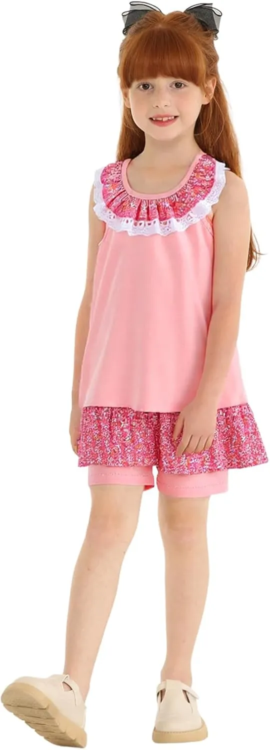 LittleSpring Girls Summer Outfits for Girl Floral Tank Tops and Shorts Casaul Set