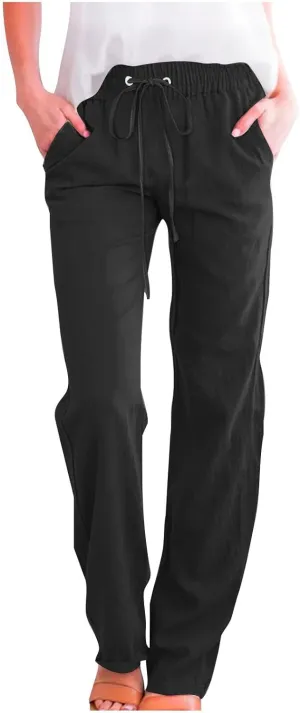 Lmdudan Plus Size Linen Pants for Women Summer Casual Drawstring High Waisted Pant Loose Vacation Lounge Trousers with Pocket