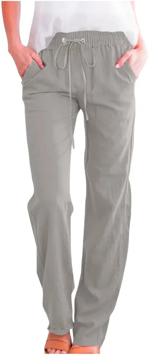 Lmdudan Plus Size Linen Pants for Women Summer Casual Drawstring High Waisted Pant Loose Vacation Lounge Trousers with Pocket