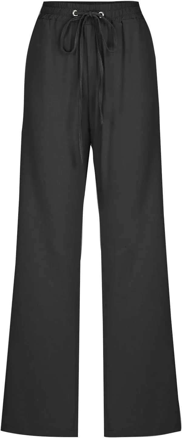 Lmdudan Plus Size Linen Pants for Women Summer Casual Drawstring High Waisted Pant Loose Vacation Lounge Trousers with Pocket