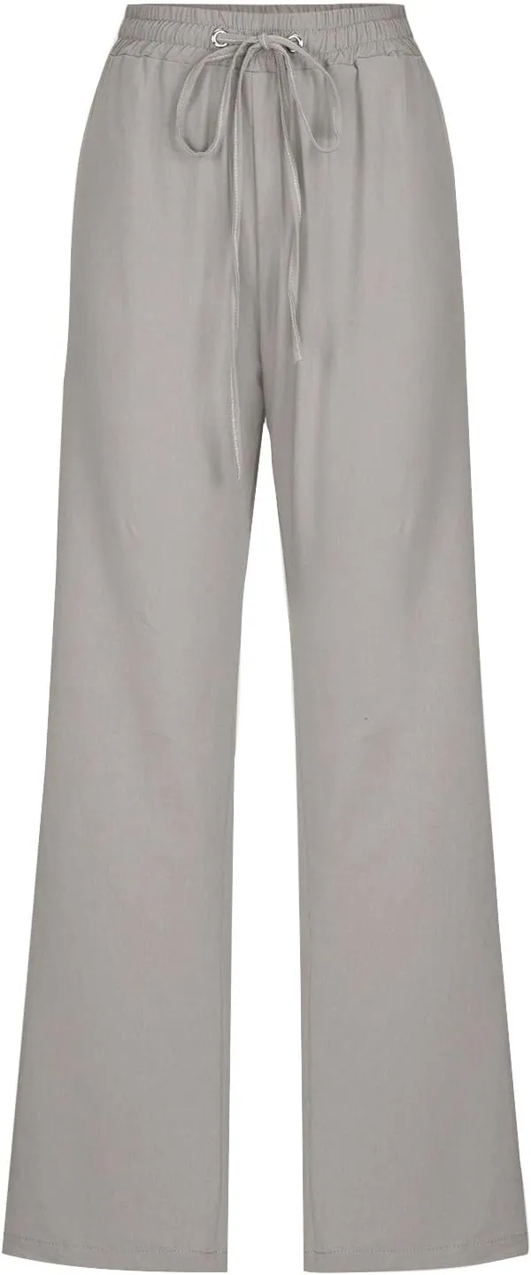 Lmdudan Plus Size Linen Pants for Women Summer Casual Drawstring High Waisted Pant Loose Vacation Lounge Trousers with Pocket
