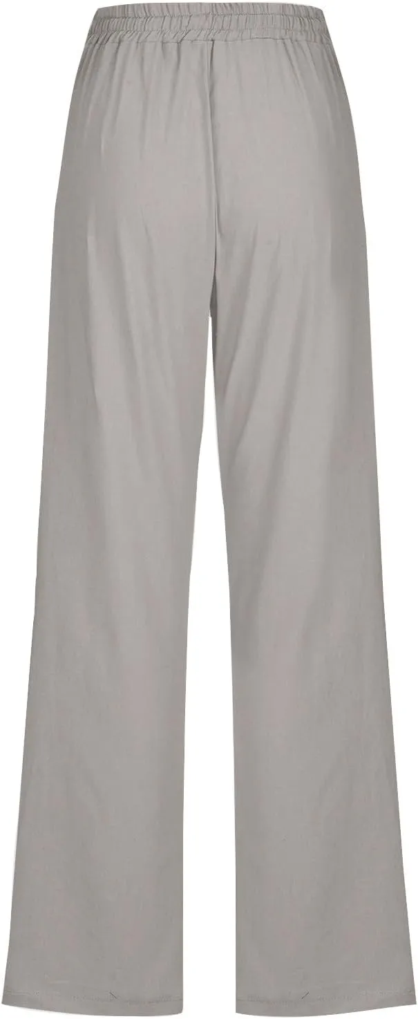 Lmdudan Plus Size Linen Pants for Women Summer Casual Drawstring High Waisted Pant Loose Vacation Lounge Trousers with Pocket