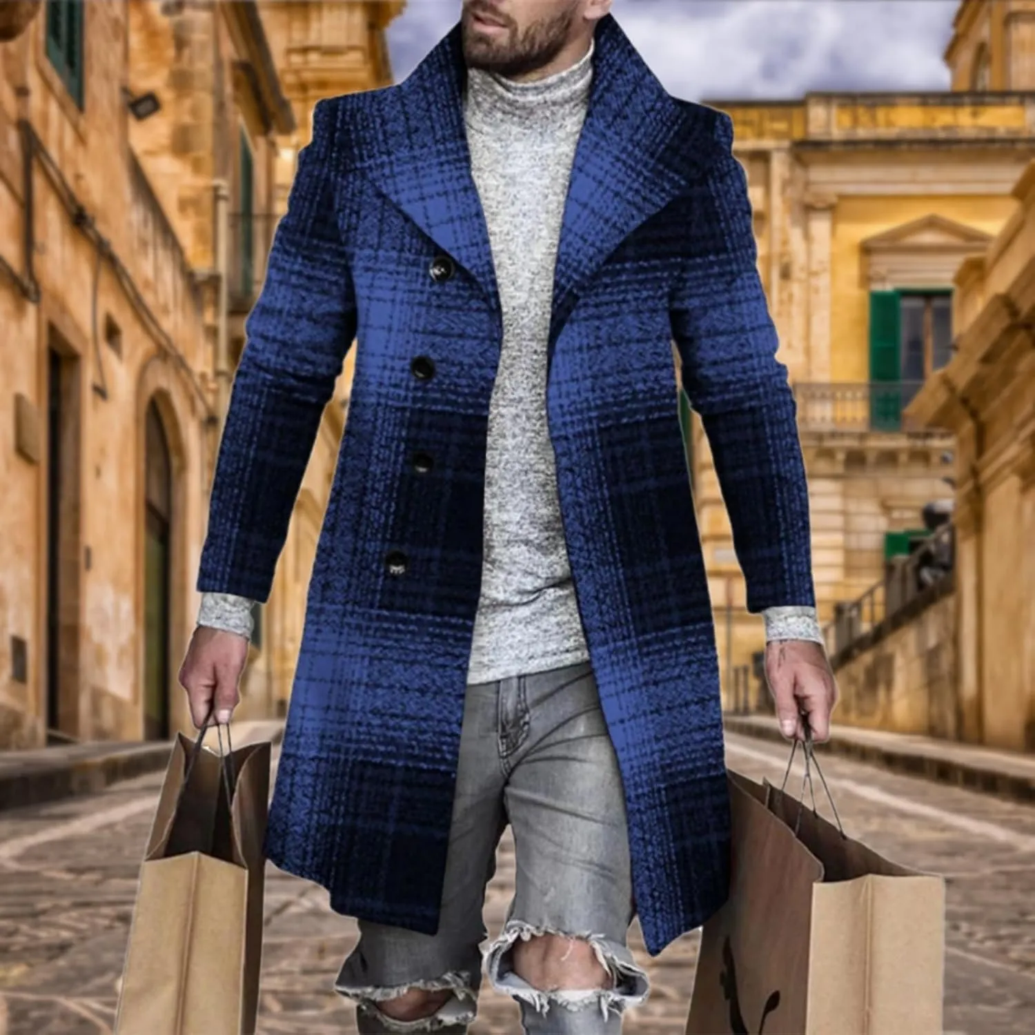 LOAIHA Men's Casual Trench Coat Fashion Plaid Splicing Single Breasted Mid Length Peacoat Fall Winter Warm Jacket Outwear