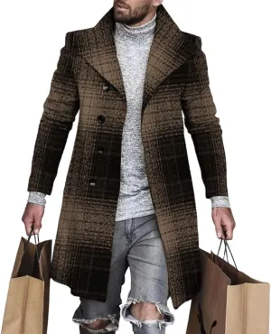 LOAIHA Men's Casual Trench Coat Fashion Plaid Splicing Single Breasted Mid Length Peacoat Fall Winter Warm Jacket Outwear