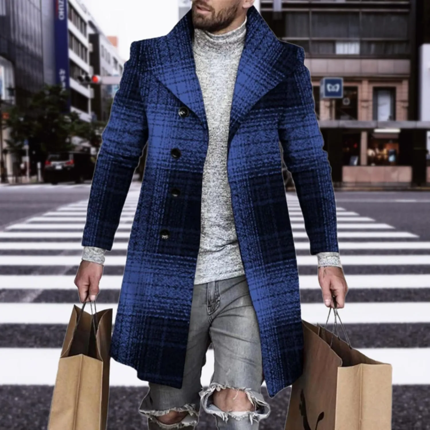 LOAIHA Men's Casual Trench Coat Fashion Plaid Splicing Single Breasted Mid Length Peacoat Fall Winter Warm Jacket Outwear