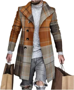 LOAIHA Men's Casual Trench Coat Fashion Plaid Splicing Single Breasted Mid Length Peacoat Fall Winter Warm Jacket Outwear