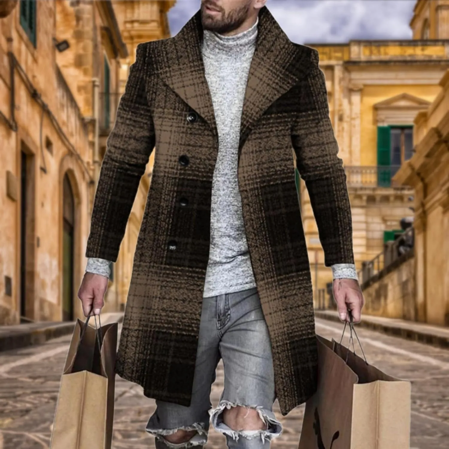 LOAIHA Men's Casual Trench Coat Fashion Plaid Splicing Single Breasted Mid Length Peacoat Fall Winter Warm Jacket Outwear