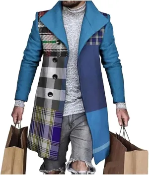 LOAIHA Men's Casual Trench Coat Fashion Plaid Splicing Single Breasted Mid Length Peacoat Fall Winter Warm Jacket Outwear