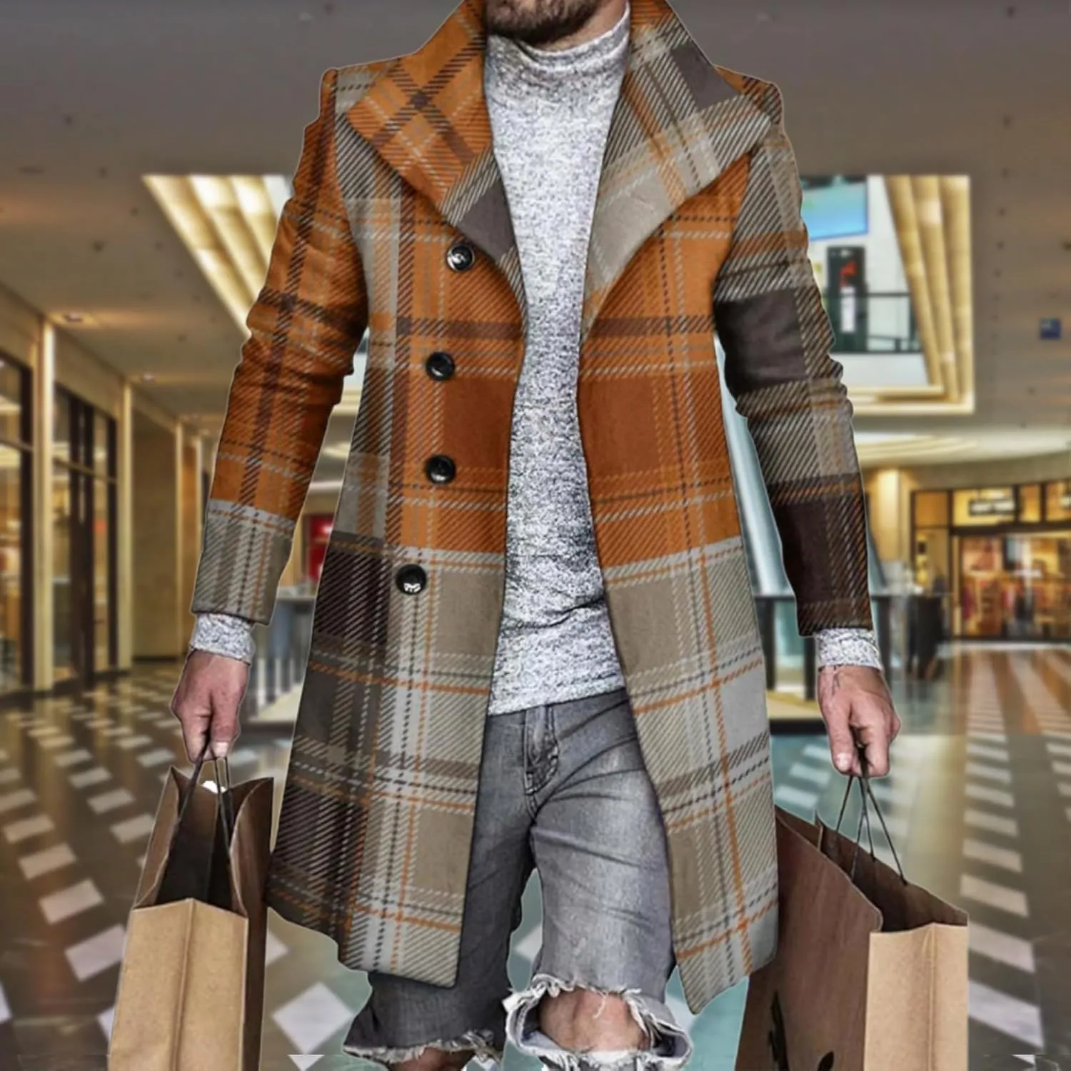 LOAIHA Men's Casual Trench Coat Fashion Plaid Splicing Single Breasted Mid Length Peacoat Fall Winter Warm Jacket Outwear