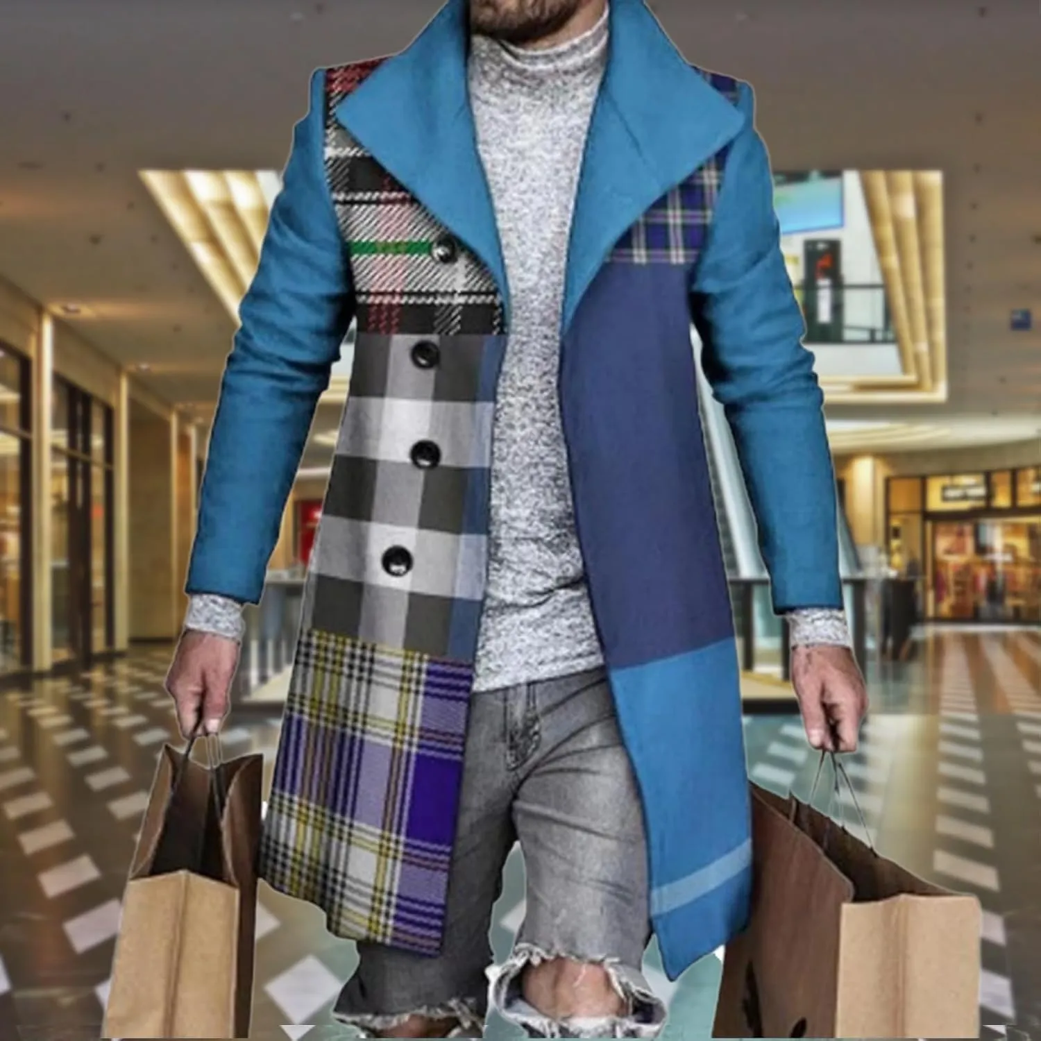 LOAIHA Men's Casual Trench Coat Fashion Plaid Splicing Single Breasted Mid Length Peacoat Fall Winter Warm Jacket Outwear