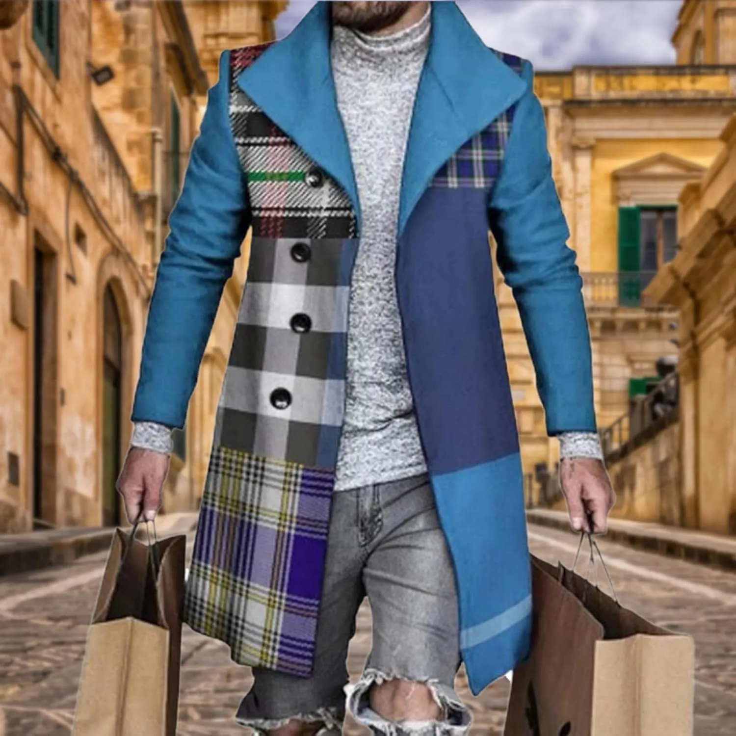 LOAIHA Men's Casual Trench Coat Fashion Plaid Splicing Single Breasted Mid Length Peacoat Fall Winter Warm Jacket Outwear