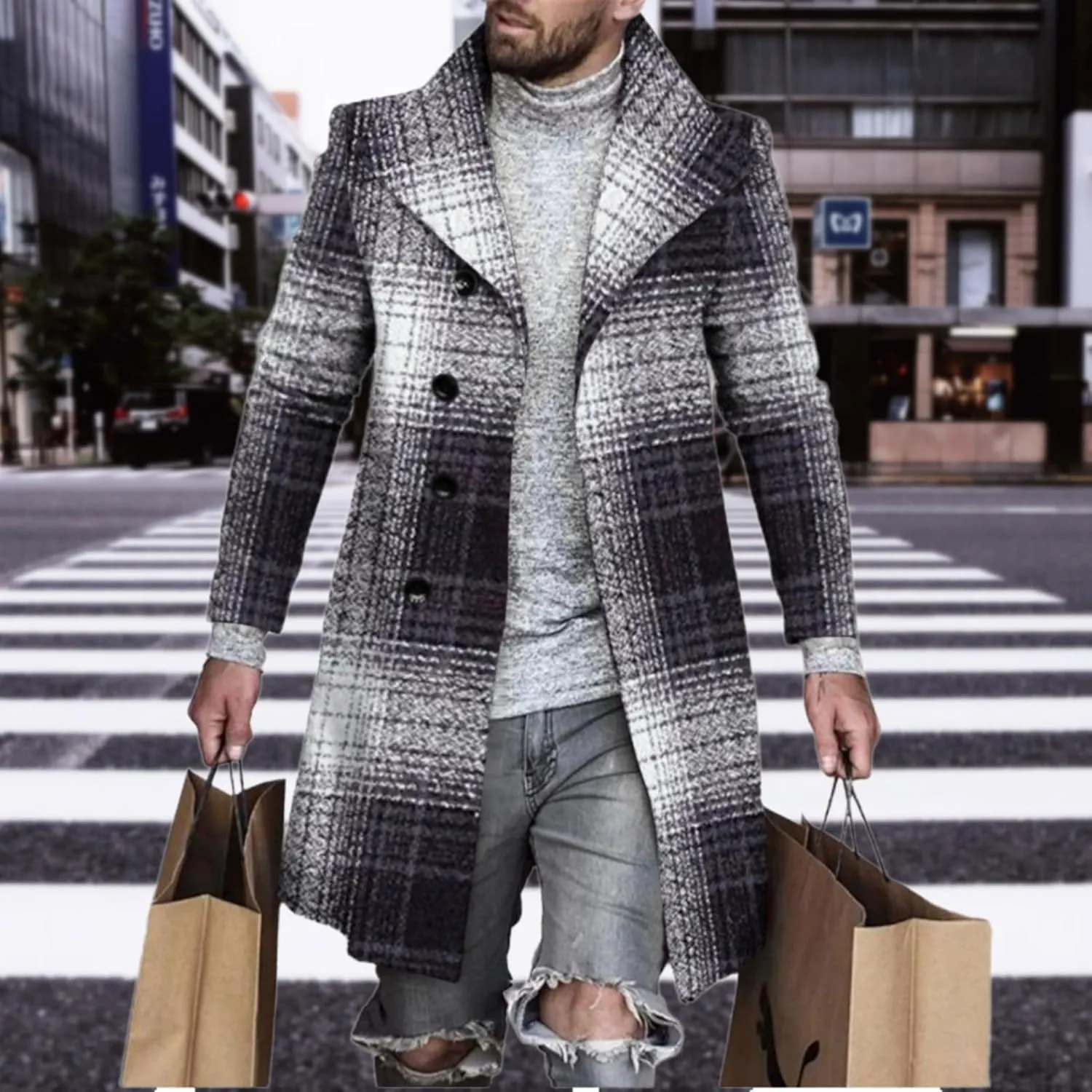 LOAIHA Men's Casual Trench Coat Fashion Plaid Splicing Single Breasted Mid Length Peacoat Fall Winter Warm Jacket Outwear