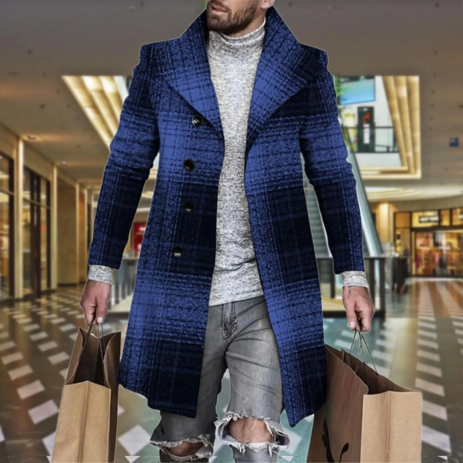 LOAIHA Men's Casual Trench Coat Fashion Plaid Splicing Single Breasted Mid Length Peacoat Fall Winter Warm Jacket Outwear