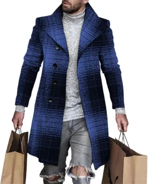 LOAIHA Men's Casual Trench Coat Fashion Plaid Splicing Single Breasted Mid Length Peacoat Fall Winter Warm Jacket Outwear