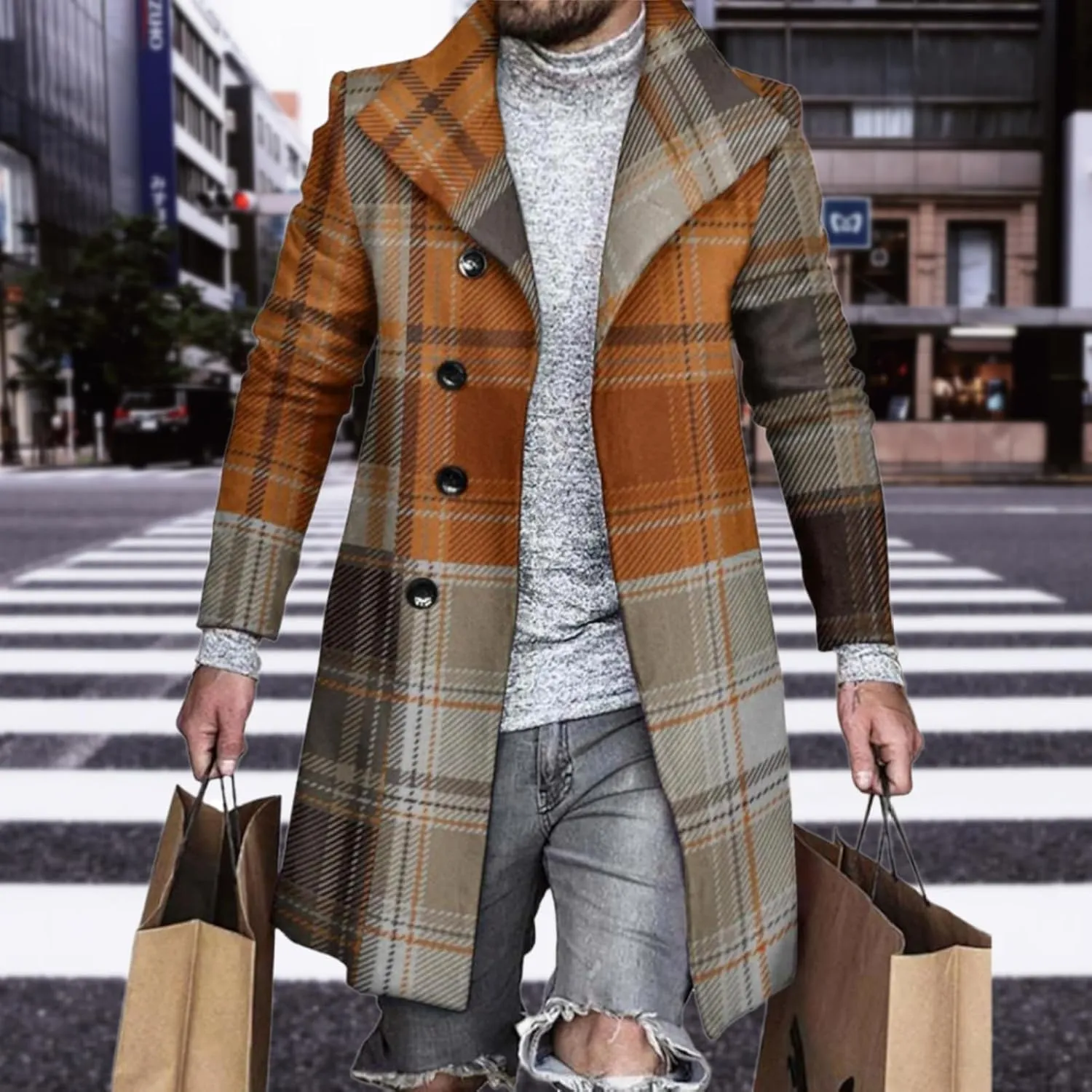LOAIHA Men's Casual Trench Coat Fashion Plaid Splicing Single Breasted Mid Length Peacoat Fall Winter Warm Jacket Outwear