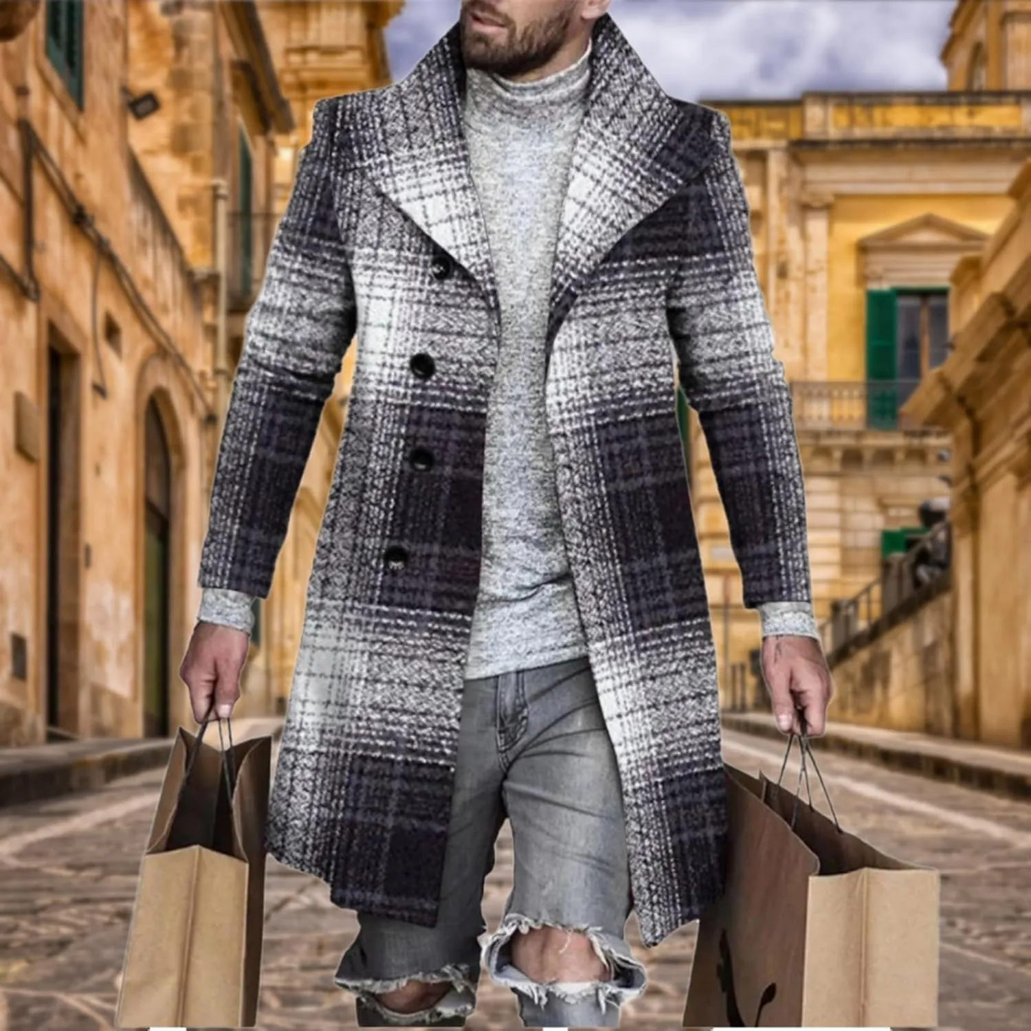 LOAIHA Men's Casual Trench Coat Fashion Plaid Splicing Single Breasted Mid Length Peacoat Fall Winter Warm Jacket Outwear