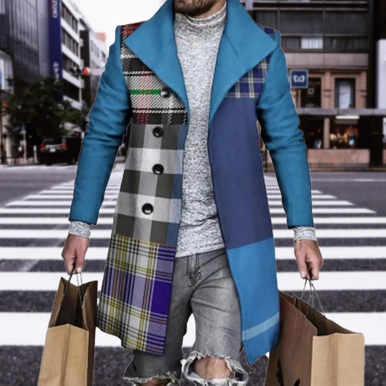 LOAIHA Men's Casual Trench Coat Fashion Plaid Splicing Single Breasted Mid Length Peacoat Fall Winter Warm Jacket Outwear