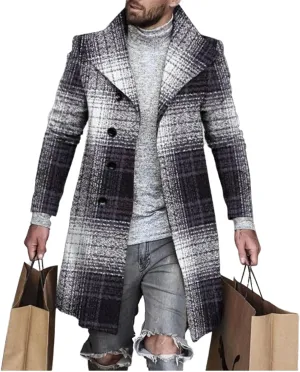 LOAIHA Men's Casual Trench Coat Fashion Plaid Splicing Single Breasted Mid Length Peacoat Fall Winter Warm Jacket Outwear
