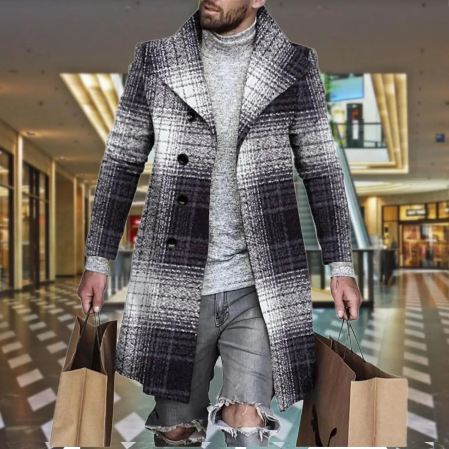 LOAIHA Men's Casual Trench Coat Fashion Plaid Splicing Single Breasted Mid Length Peacoat Fall Winter Warm Jacket Outwear