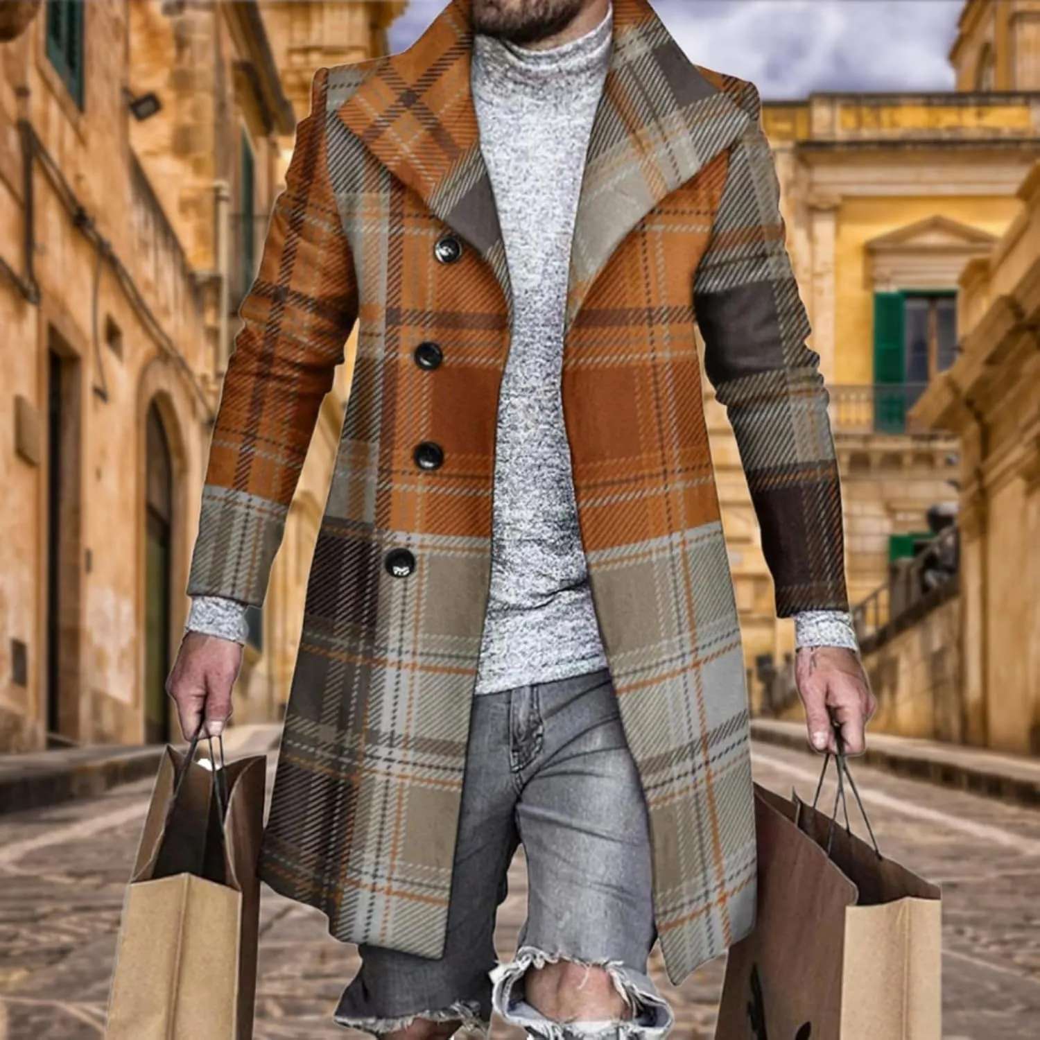 LOAIHA Men's Casual Trench Coat Fashion Plaid Splicing Single Breasted Mid Length Peacoat Fall Winter Warm Jacket Outwear