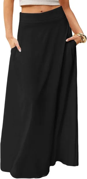 Long Maxi Skirts for Women Solid Color Pleated Flowy Swing A Line Skirt Beach Vacation Skorts with Pockets