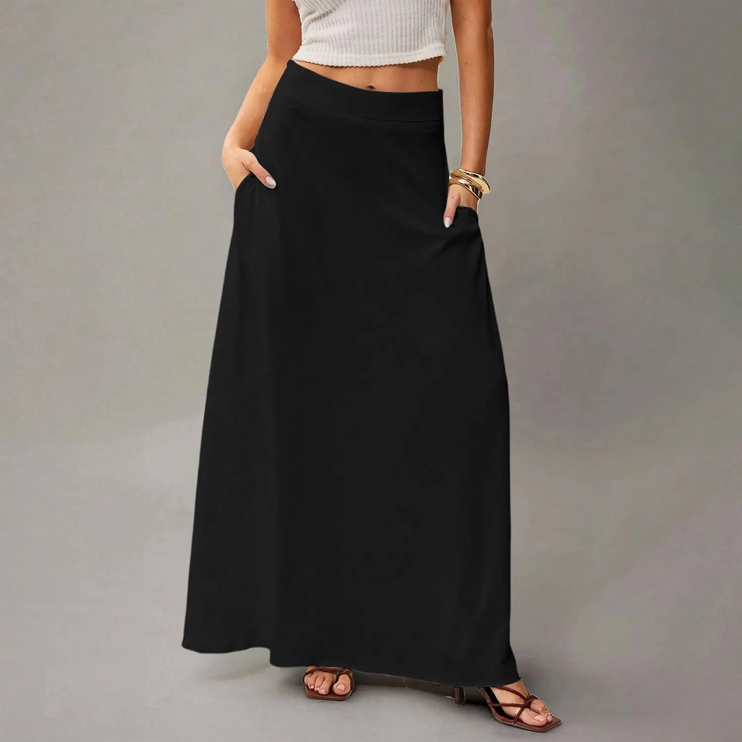 Long Maxi Skirts for Women Solid Color Pleated Flowy Swing A Line Skirt Beach Vacation Skorts with Pockets