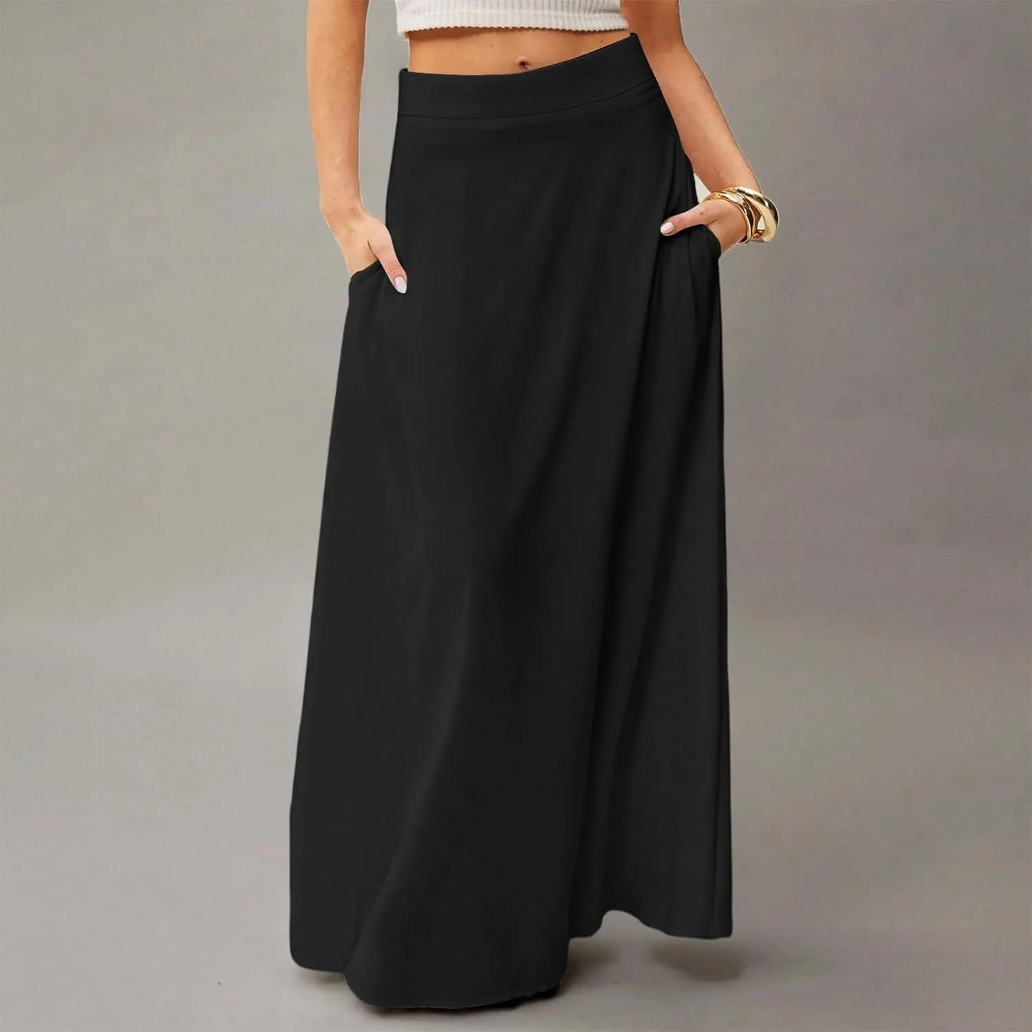 Long Maxi Skirts for Women Solid Color Pleated Flowy Swing A Line Skirt Beach Vacation Skorts with Pockets