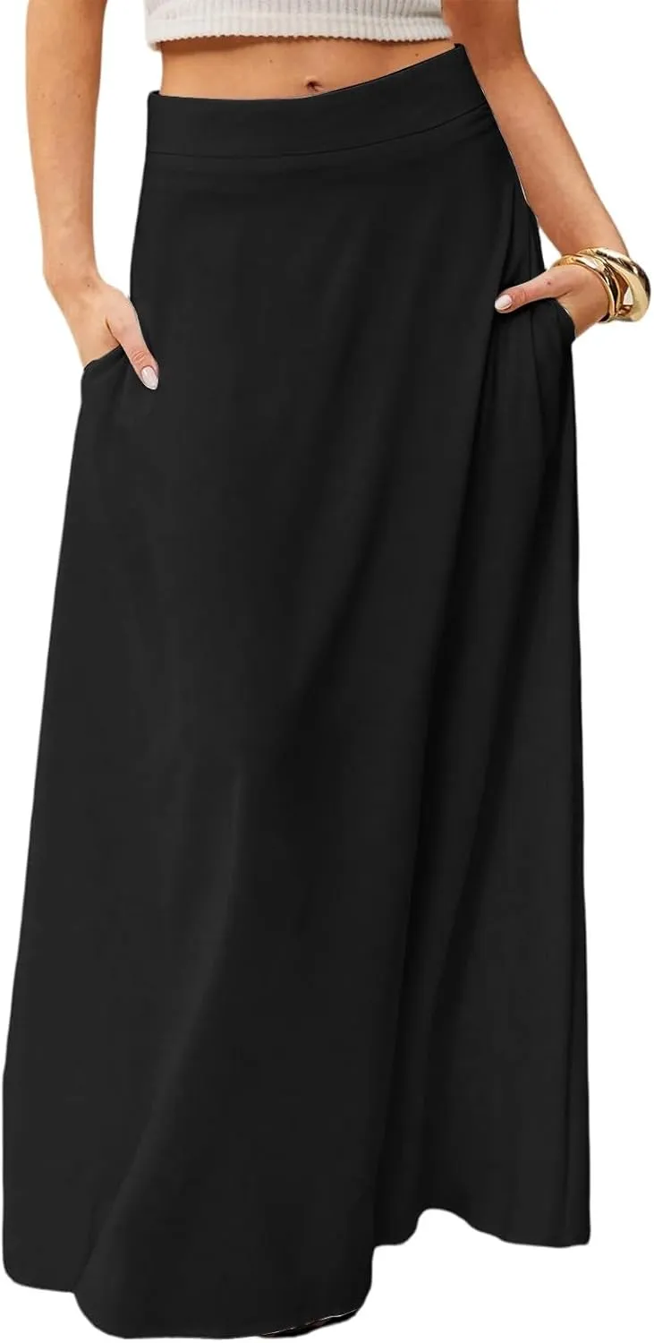 Long Maxi Skirts for Women Solid Color Pleated Flowy Swing A Line Skirt Beach Vacation Skorts with Pockets