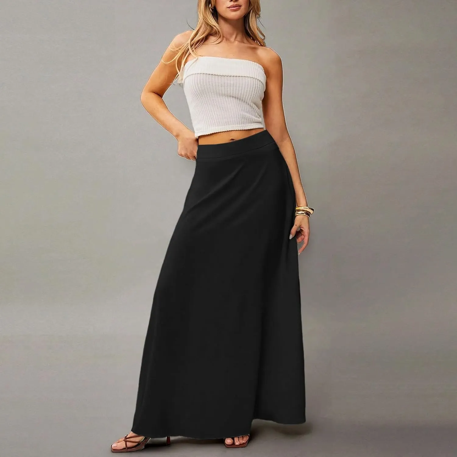 Long Maxi Skirts for Women Solid Color Pleated Flowy Swing A Line Skirt Beach Vacation Skorts with Pockets