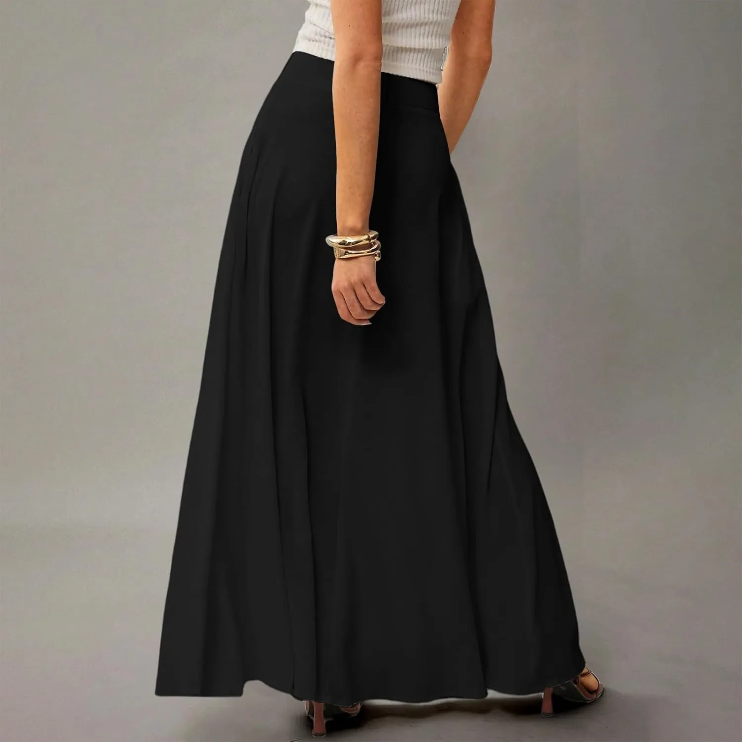 Long Maxi Skirts for Women Solid Color Pleated Flowy Swing A Line Skirt Beach Vacation Skorts with Pockets