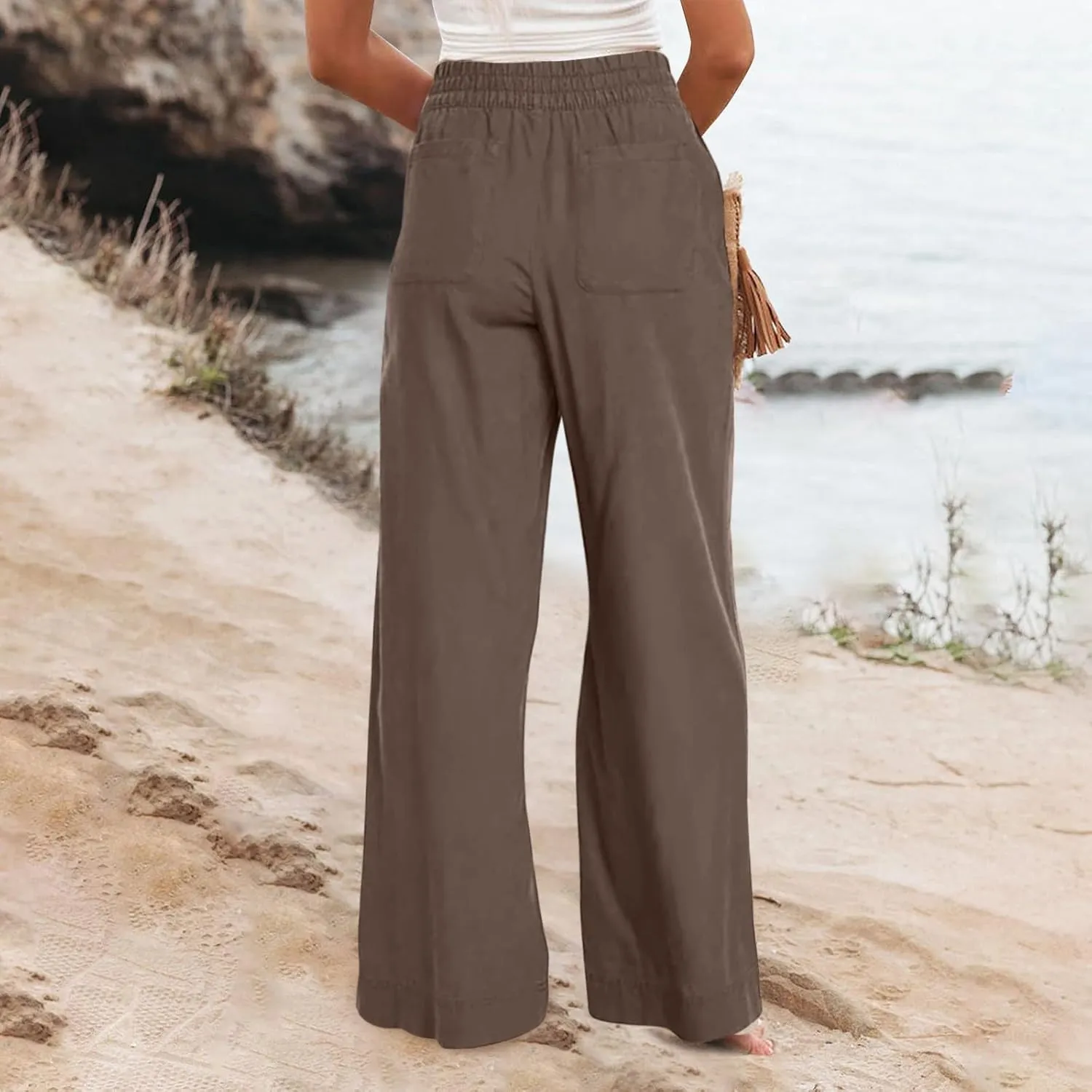Long Palazzo Pants for Women Outfits 2025 Flowy Pants with Pockets High Waist Slim Lightweight Solid Straight Leg Sweatpants