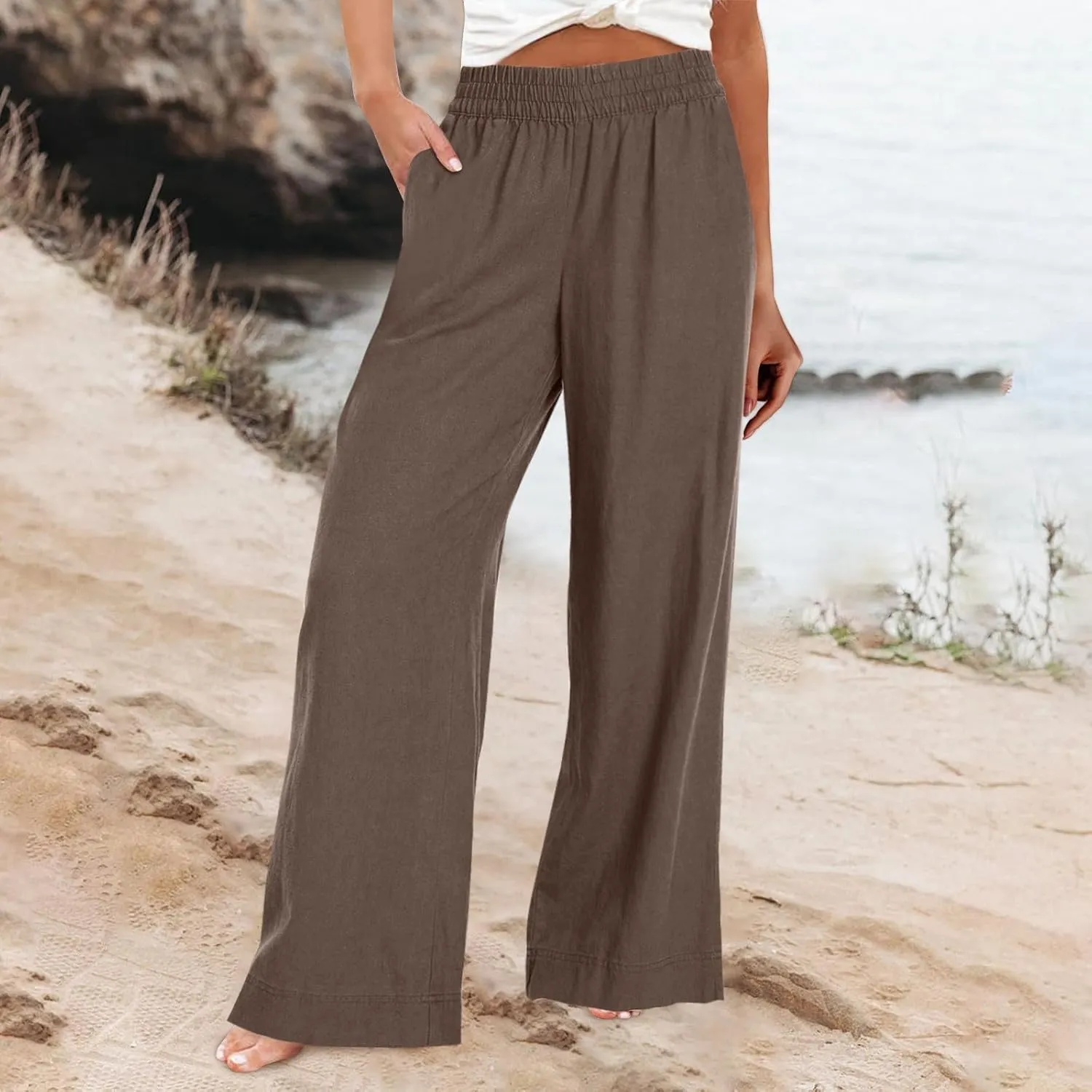 Long Palazzo Pants for Women Outfits 2025 Flowy Pants with Pockets High Waist Slim Lightweight Solid Straight Leg Sweatpants